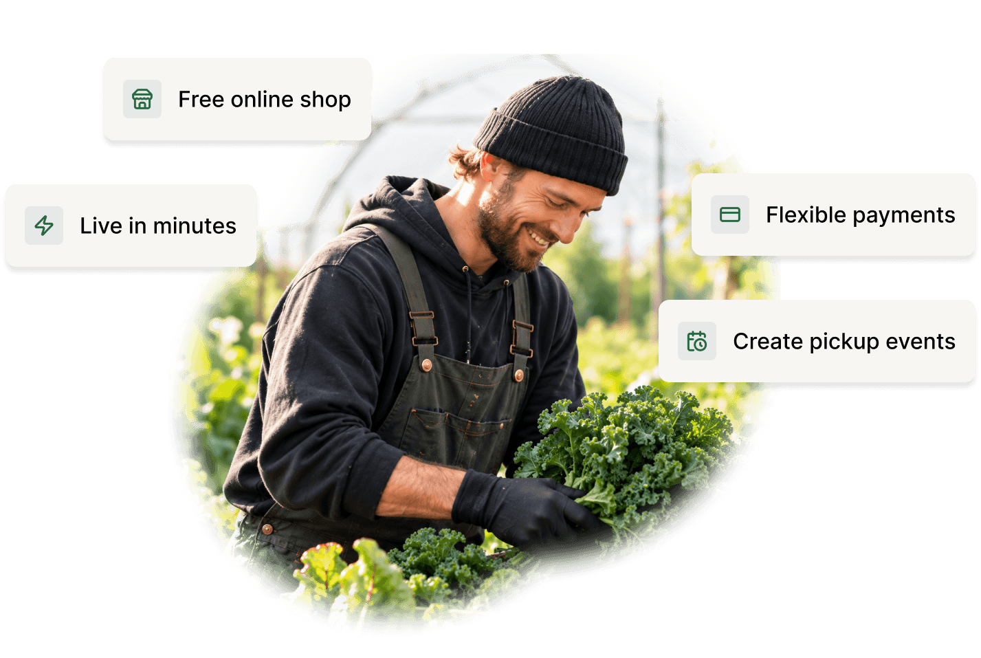 A producer smiling in a greenhouse with an armful of kale. Satomaa gives them: Free online shop. Flexible payments. Live in minutes. Create pickup events.